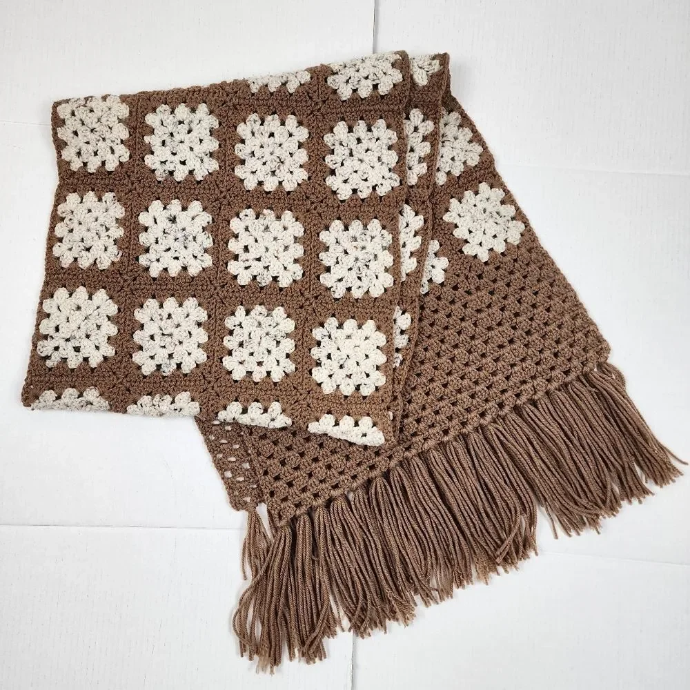 New Handmade Crochet Granny Square Shawl Wrap Scarf Brown Cream Boho Fringe